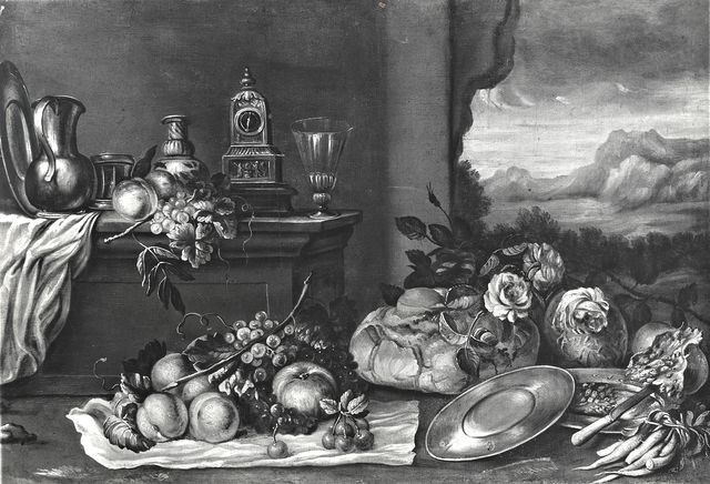 Gasparini — Anonimo tedesco sec. XVII/ XVIII - Natura morta con frutta, fiori e stoviglie — insieme